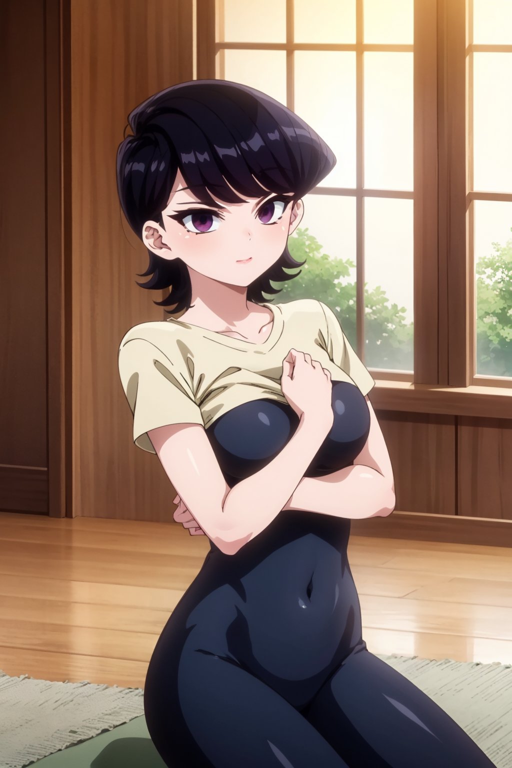 A mature woman, Komi Shuuko, with short, black hair styled into sleek swept bangs and a glossy finish, gazes intently at her reflection as she practices yoga on a wooden floor. Her piercing purple eyes are focused inward, as she assumes a precise yoga pose. Tight-fitting yoga attire hugs her toned physique. In the background, a plush sofa provides a cozy contrast to the serene atmosphere. Morning sunlight filters through the windows, casting a warm glow on Komi's serene expression.