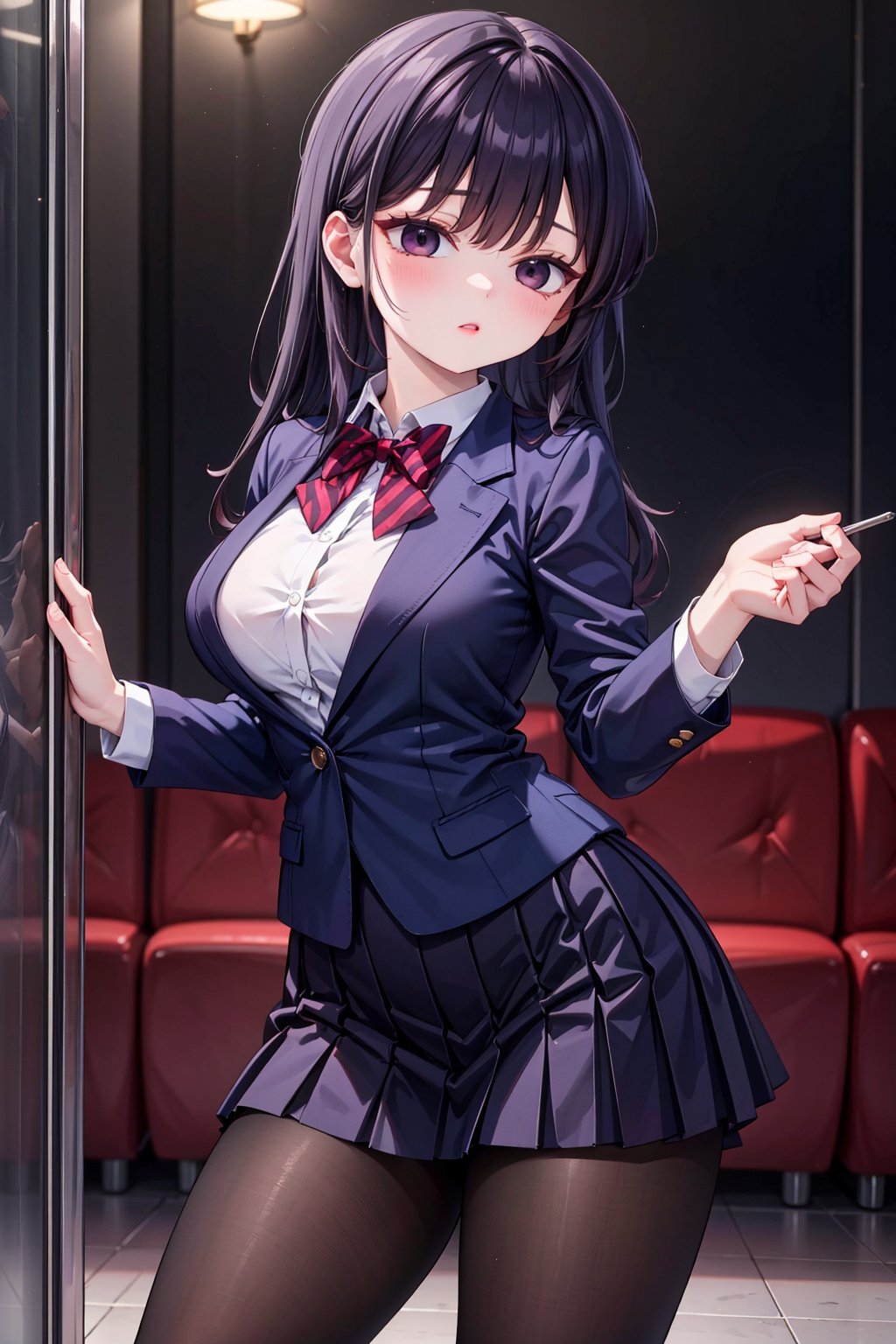 Komi Shouko stands confidently in front of a subtle, blurred background, her long black hair styled with sidelocks and swept bangs framing her striking features. Her piercing black eyes sparkle beneath her thick eyelashes. She wears a crisp school uniform consisting of a blue blazer, collared white shirt, and red striped bow tie. The medium-sized breasts are subtly accentuated by the fitted shirt. A diagonal-striped bow adorns the front of the blouse, adding a touch of whimsy to the overall design. The long sleeves and red pleated skirt create a striking contrast, while black pantyhose adds a hint of sophistication. She completes her look with comfortable loafers, showcasing her confident demeanor.,BIG BOOB,HOT,HOT WOMAN