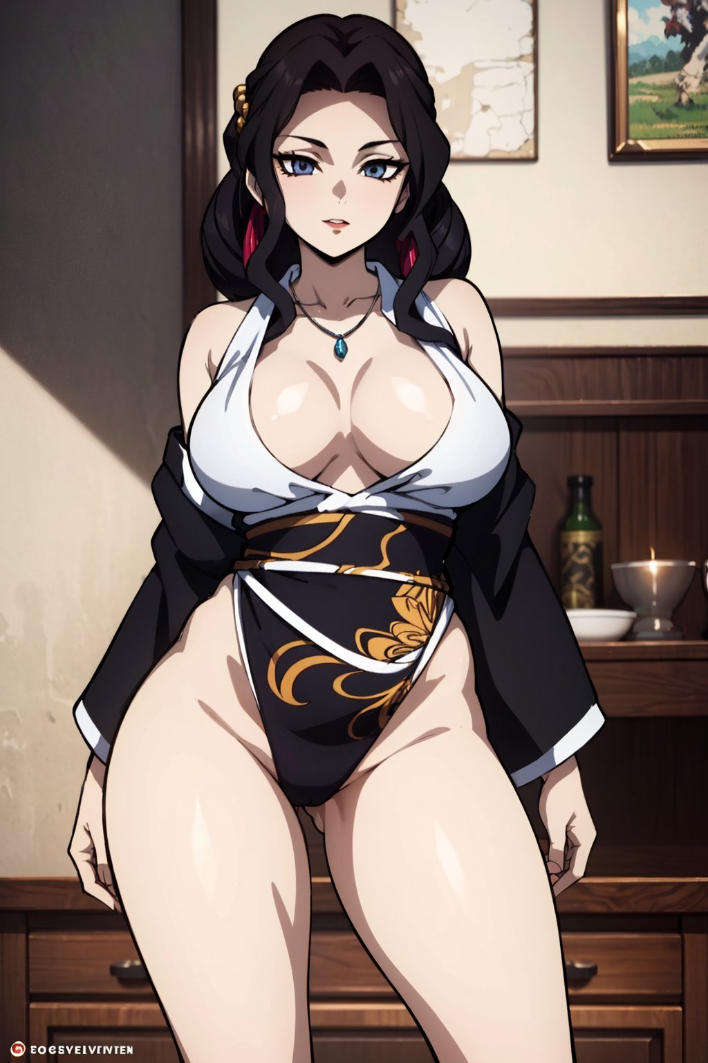 A stunning anime-style sculpture of a woman, posed elegantly in a standing position. The camera angle is set at eye level to capture her serene and graceful stance. The lighting is soft and diffused, creating a gentle and flattering effect on her features. The composition centers around the entire figure, emphasizing her detailed and exquisite form.The woman has long, flowing black hair adorned with a delicate hair ornament. Her eyes are a captivating red, large, and expressive, typical of anime style, adding an intriguing depth to her expression. Her face displays a malevolent and cunning smile, exuding an aura of malice. She wears a revealing kimono that accentuates her curves and flows beautifully around her form, partially open to highlight her prominent chest and long, shapely legs. Her lips are painted a striking red, adding to her overall allure.Her jewelry includes elegant earrings and a simple yet beautiful necklace, adding a touch of sophistication. The sculptor has meticulously crafted her figure, focusing on her ample bosom and toned legs, both prominent features in the composition. Her body is designed with voluptuous proportions, including a generously detailed chest and gracefully elongated legs, fitting the anime aesthetic.The background depicts the interior of the fortress from Kimetsu no Yaiba, adding a rich and dramatic atmosphere to the sculpture. This choice enhances the sense of depth and drama, making the scene feel both grand and intimate.The overall style of the sculpture is a blend of realism and anime, with an emphasis on intricate details and lifelike textures, crafted from smooth, polished marble.