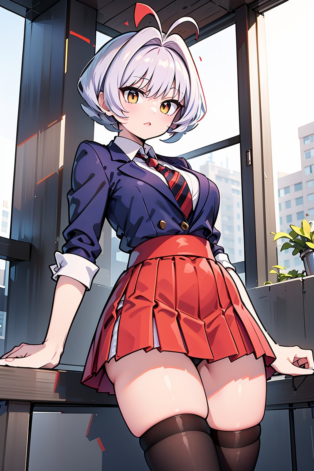 A close-up shot of Najimi KCC's determined expression, her short hair styled with antenna-like hair accessories. Her bright yellow eyes shine with intensity as she gazes straight ahead, wearing a crisp blue blazer adorned with the itan private high school uniform insignia. A bold red and black striped necktie adds a pop of color to her outfit, which is completed by a striking red and black striped short skirt that showcases her toned legs. Black thigh-highs add an edgy touch to her overall look, exuding a sense of confidence and sass as she poses with a fiery passion.