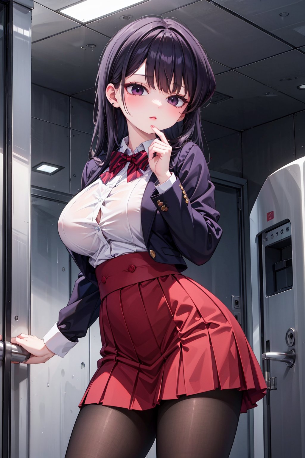 Komi Shouko stands confidently in front of a subtle, blurred background, her long black hair styled with sidelocks and swept bangs framing her striking features. Her piercing black eyes sparkle beneath her thick eyelashes. She wears a crisp school uniform consisting of a blue blazer, collared white shirt, and red striped bow tie. The medium-sized breasts are subtly accentuated by the fitted shirt. A diagonal-striped bow adorns the front of the blouse, adding a touch of whimsy to the overall design. The long sleeves and red pleated skirt create a striking contrast, while black pantyhose adds a hint of sophistication. She completes her look with comfortable loafers, showcasing her confident demeanor.,BIG BOOB,HOT,HOT WOMAN,BIG TITS,red bowtie