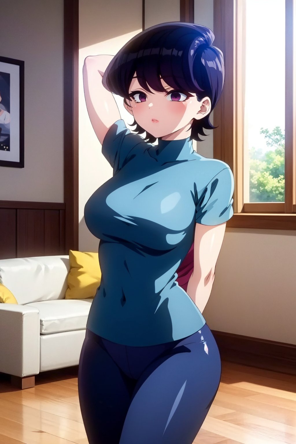 A serene morning scene unfolds as Komi Shuuko, a mature woman with striking features, practices yoga on the wooden floor of her living room. Her short, black hair is swept to one side, revealing purple eyes that seem to gleam in the soft morning light. She wears tight-fitting yoga clothes that accentuate her toned physique as she assumes a serene yoga pose. The sofa looms large in the background, a gentle reminder of comfort and relaxation. Rays of sunlight filter through the windows, casting a warm glow over the scene, as Komi Shuuko's tranquil presence seems to radiate calmness and serenity.