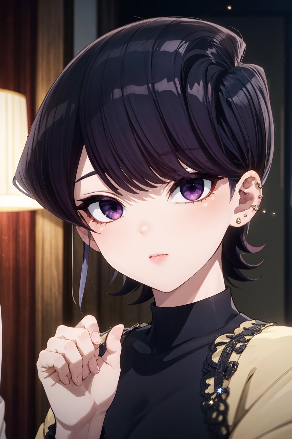 A mature woman, Komi Shuuko, with short, jet-black hair styled in a sleek fashion, featuring a striking shine and swept bangs framing her face. Her piercing purple eyes sparkle under the warm glow of a single lamp, casting a soft yellow light on the dark room. She poses in a sultry doggy style, exuding confidence and allure.