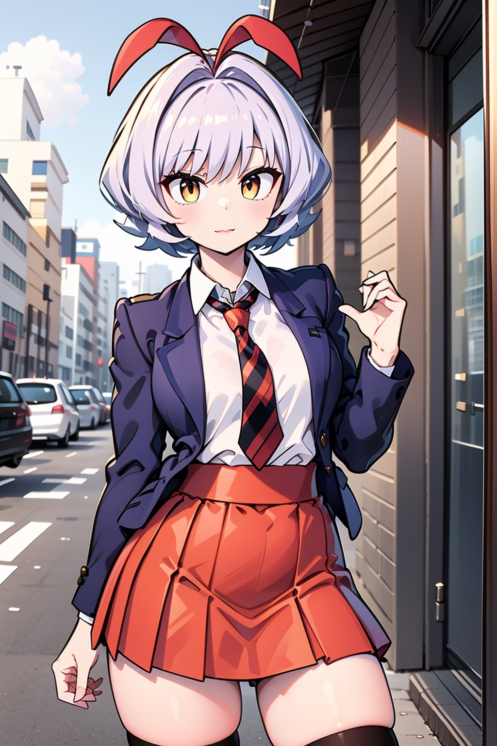 A close-up shot of Najimi KCC's determined expression, her short hair styled with antenna-like hair accessories. Her bright yellow eyes shine with intensity as she gazes straight ahead, wearing a crisp blue blazer adorned with the itan private high school uniform insignia. A bold red and black striped necktie adds a pop of color to her outfit, which is completed by a striking red and black striped short skirt that showcases her toned legs. Black thigh-highs add an edgy touch to her overall look, exuding a sense of confidence and sass as she poses with a fiery passion.