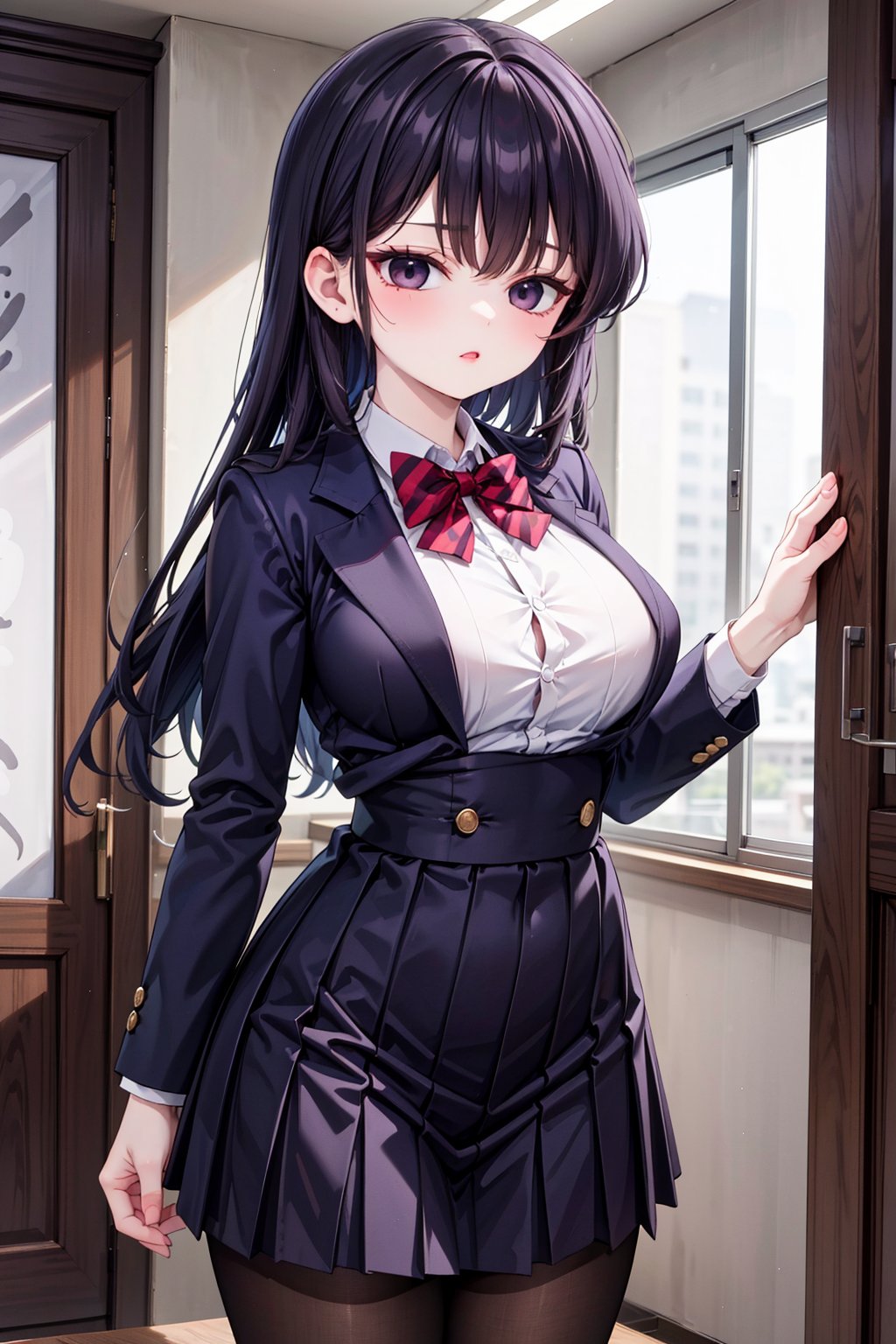 Komi Shouko stands confidently in front of a subtle, blurred background, her long black hair styled with sidelocks and swept bangs framing her striking features. Her piercing black eyes sparkle beneath her thick eyelashes. She wears a crisp school uniform consisting of a blue blazer, collared white shirt, and red striped bow tie. The medium-sized breasts are subtly accentuated by the fitted shirt. A diagonal-striped bow adorns the front of the blouse, adding a touch of whimsy to the overall design. The long sleeves and red pleated skirt create a striking contrast, while black pantyhose adds a hint of sophistication. She completes her look with comfortable loafers, showcasing her confident demeanor.,BIG BOOB,HOT,HOT WOMAN,BIG TITS,red bowtie