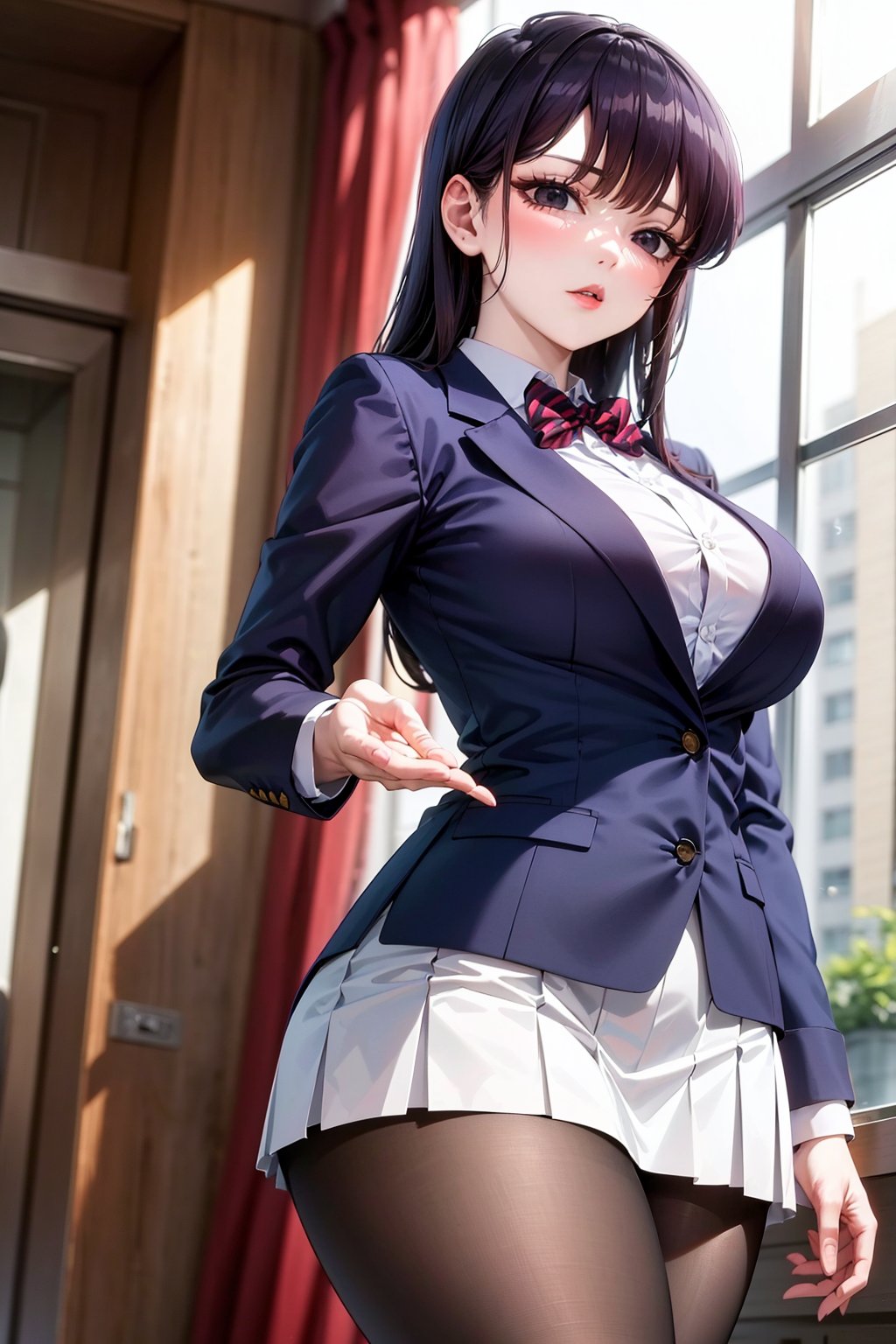 Komi Shouko stands confidently in front of a subtle, blurred background, her long black hair styled with sidelocks and swept bangs framing her striking features. Her piercing black eyes sparkle beneath her thick eyelashes. She wears a crisp school uniform consisting of a blue blazer, collared white shirt, and red striped bow tie. The medium-sized breasts are subtly accentuated by the fitted shirt. A diagonal-striped bow adorns the front of the blouse, adding a touch of whimsy to the overall design. The long sleeves and red pleated skirt create a striking contrast, while black pantyhose adds a hint of sophistication. She completes her look with comfortable loafers, showcasing her confident demeanor.