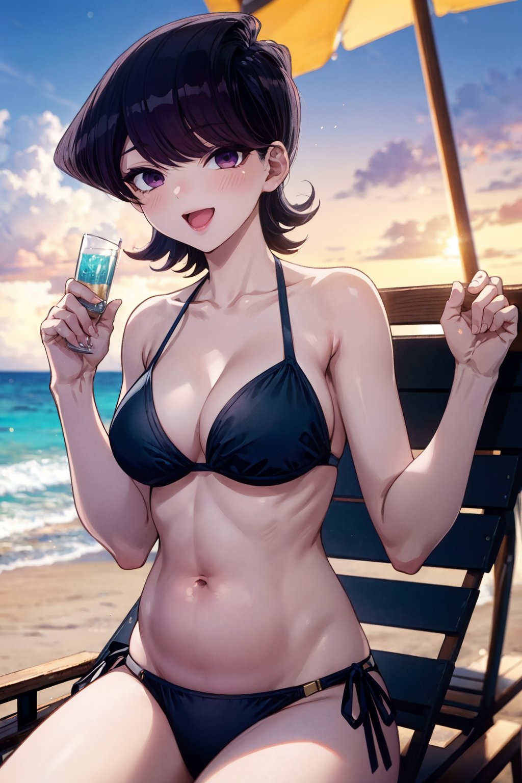 Here's your prompt:

Shot of Komi Shuuko, a mature woman with short black hair, swept bangs, and striking purple eyes, relaxing on a beach as the sun sets over the sea. She wears a bright bikini, emphasizing her toned physique. With a radiant glow on her skin, she lies comfortably in a beach chair, cradling her swollen belly with a loving touch. Her proud gaze is fixed on her growing bump, exuding joy and contentment.