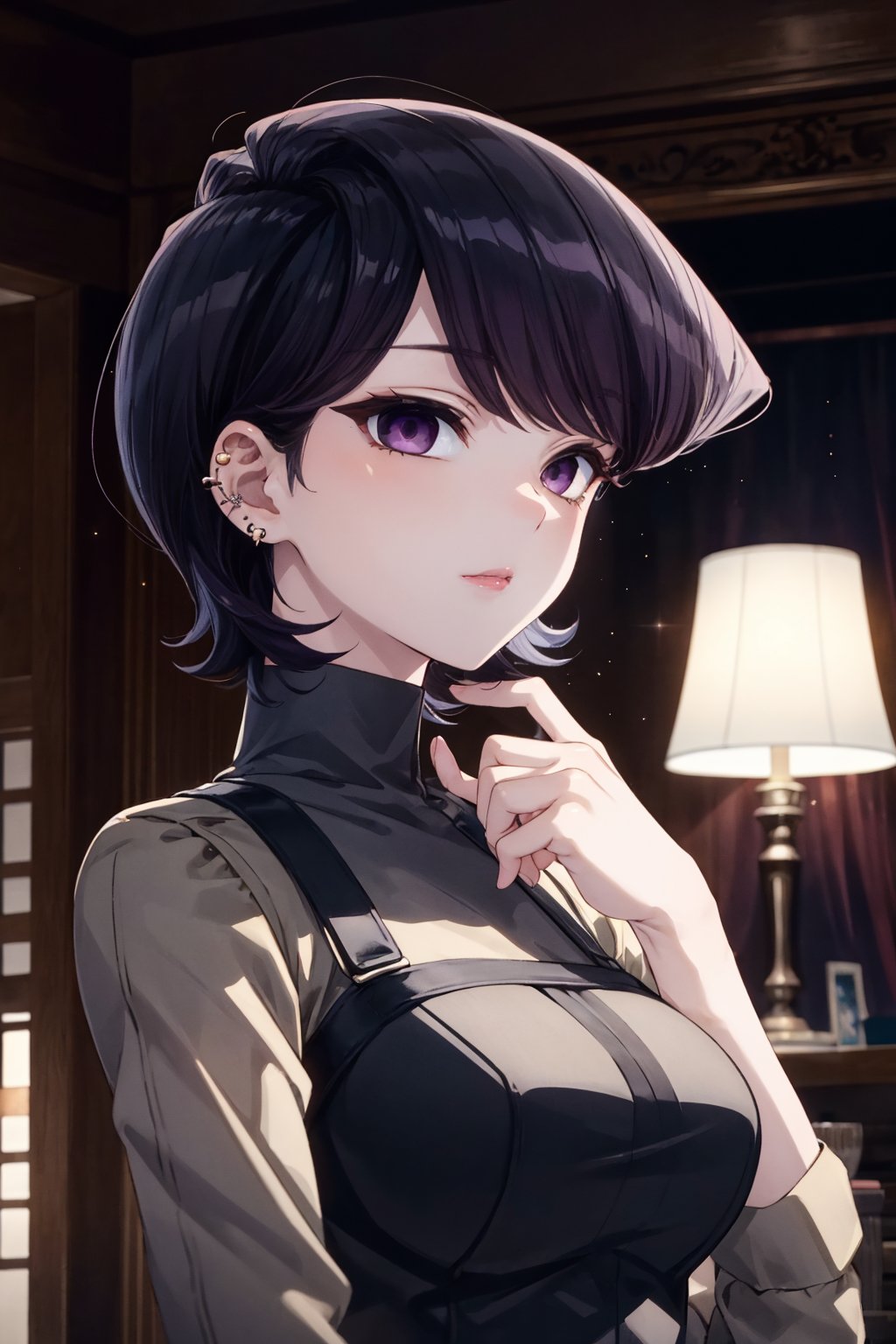 A mature woman, Komi Shuuko, with short, jet-black hair styled in a sleek fashion, featuring a striking shine and swept bangs framing her face. Her piercing purple eyes sparkle under the warm glow of a single lamp, casting a soft yellow light on the dark room. She poses in a sultry doggy style, exuding confidence and allure.