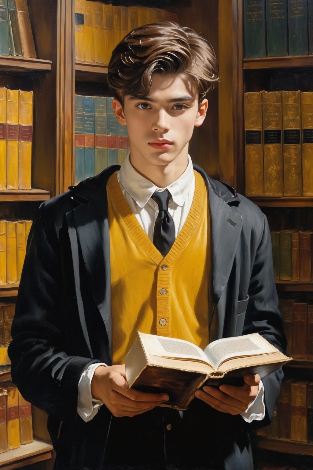 a European university student, a young boy wearing classic clothes style and standing in the library, a hand holding a book and he looking at a book, yellow eyes,masterpiece,oil painting,Masterpiece,more detail XL,Handsome boy