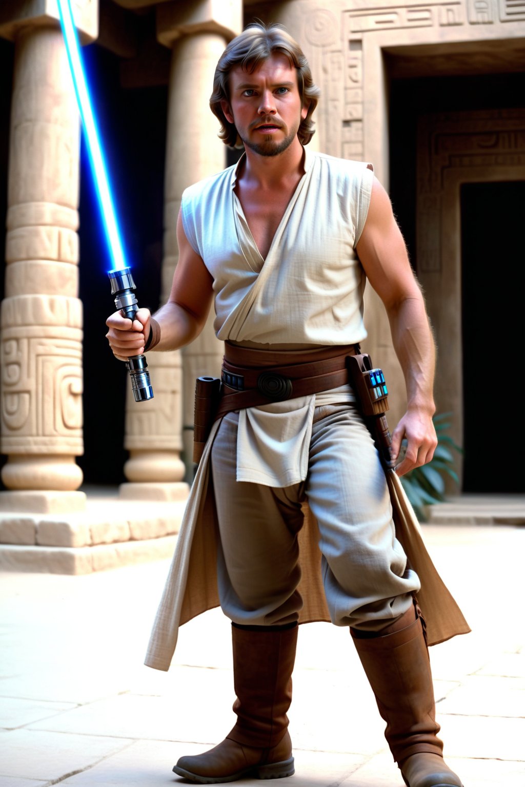 A scene from Star Wars.
A full body portrayal.

A man with brown hair and a short beard in a Mayan-style temple courtyard.
He is dressed in loose trousers, a sleeveless shirt and riding boots.
His clothes are beige and brown in colour.
He wields a lightsaber with a blue blade.