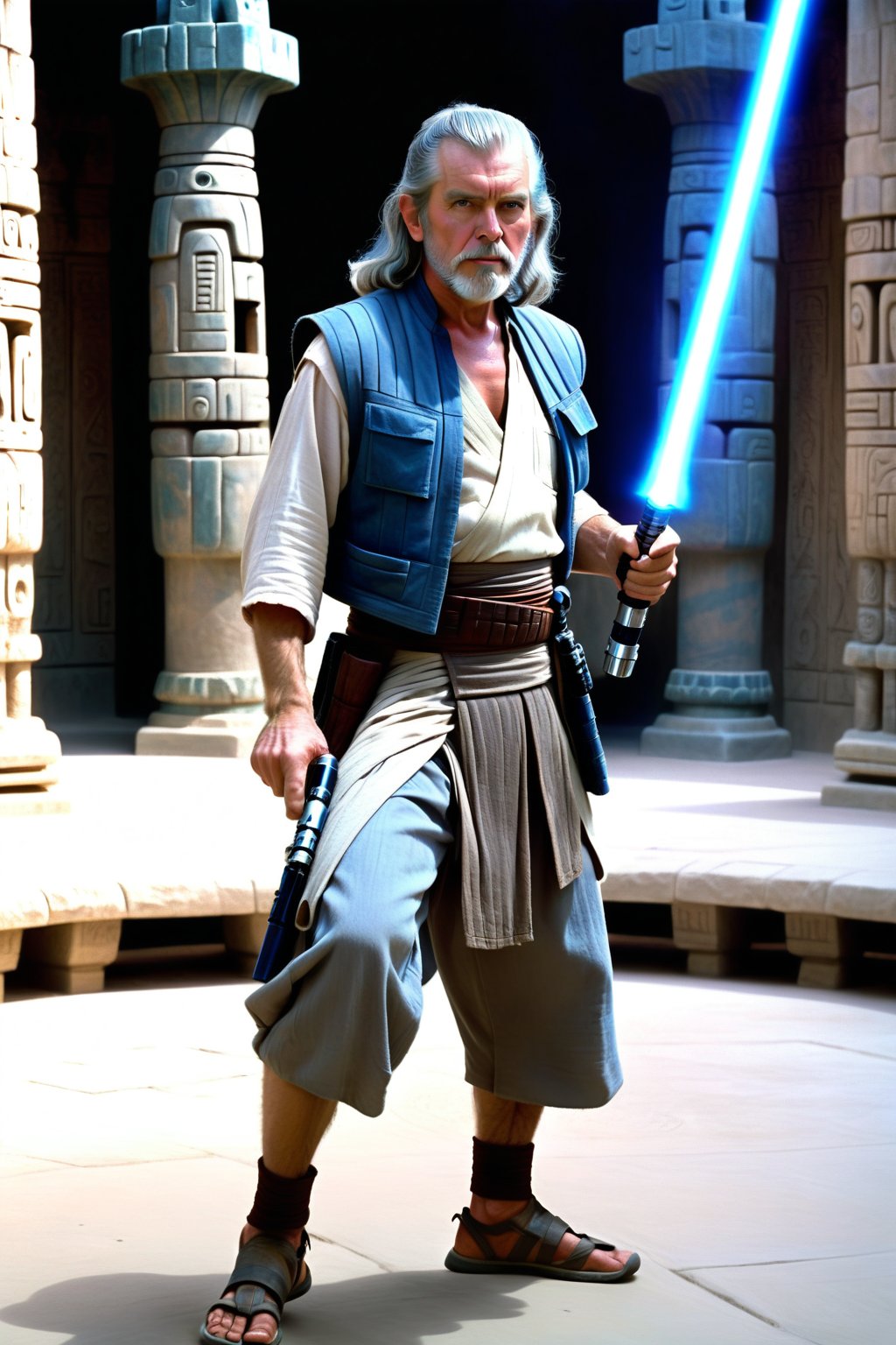 A scene from Star Wars.
A full body portrayal.
A man with long grey hair and a short beard in the courtyard of a Mayan-style temple.
He is dressed in light three-quarter trousers, a vest and light shoes.
He wields a lightsaber with a blue blade.