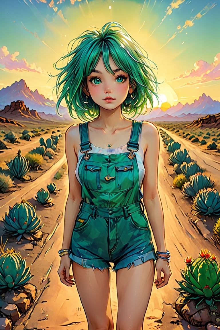 'The Old Soul' Tarot Card --Masterpiece from head to toes, 8K, ultra detailed, anime style, ((solo)), wavy rainbow pastel hair sexy hippie woman wearing overalls shorts, cowboy boots, beautiful green color eyes, hitchhiking on a rocky desert road cactus, epic sunset, more detail XL, SFW, depth of field, (ukiyoe art style)