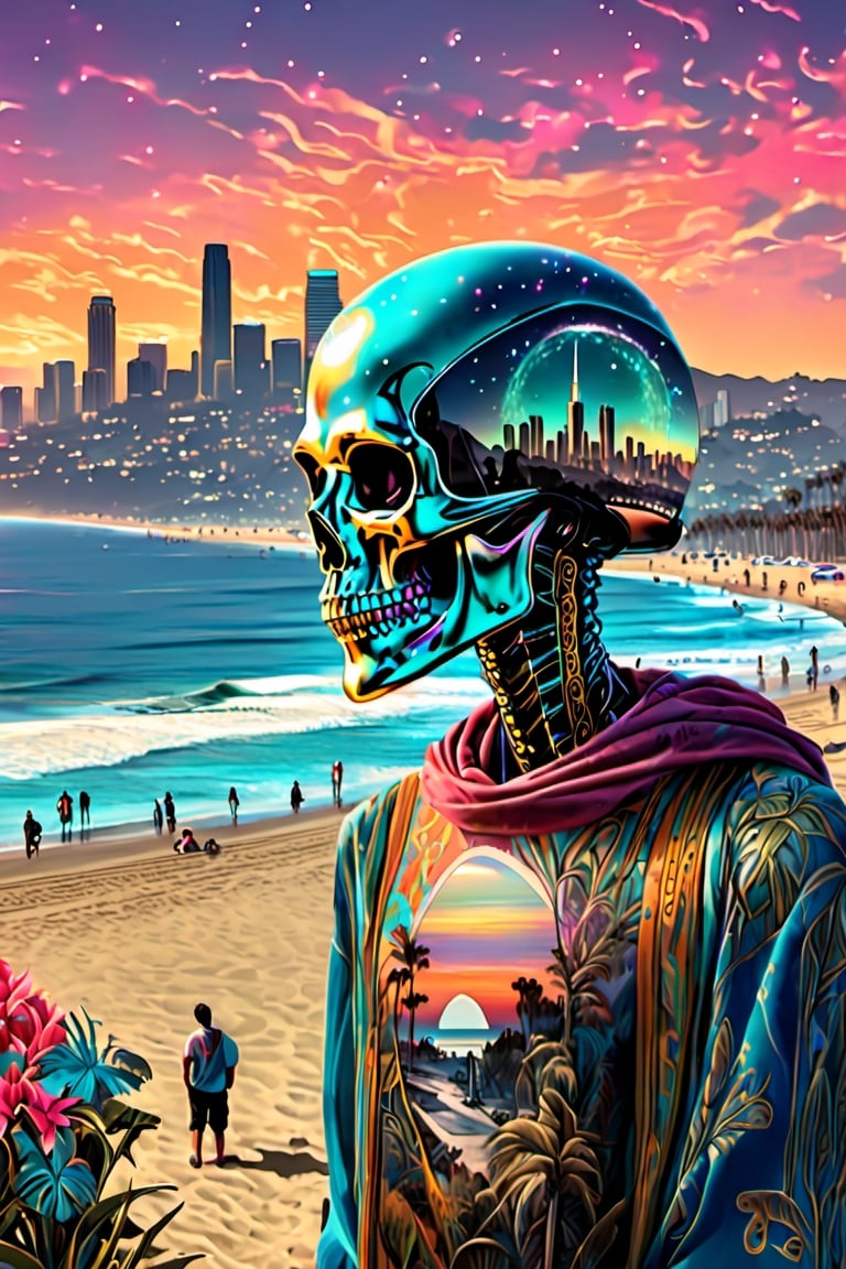 An alien on the beach in Los Angeles with the Hollywood Hills and LA skyline background, in a tarot card, highly detailed, half skull face, cinematic, 8k, style by stanley artgermm, tom bagshaw, carne griffiths, hyper detailed, full of bright bold colors, flowersupper body,