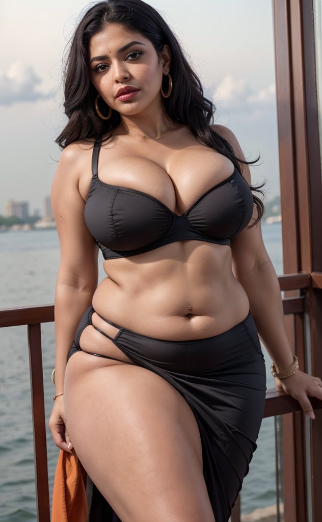  indian woman 45 years old milf, curvy_figure, big black eyes wearing mascara,red lipstick, wearing orange sleeveless saree, huge boobs, cleavage naval show, abnormally wide hips , AanyaaSanaya, hips, visible waist, naval line visible, thighs, bra ,sexy bhabhi , full body potrait, curvy ,wide waist, thick big hips , wide hips 