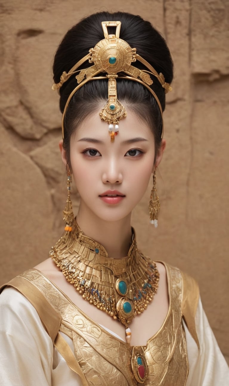 Create a realistic image of a famous queen in her empire. The image should capture the grandeur and majesty of her reign, showcasing her in a historically accurate setting. Consider queens such as Cleopatra of Egypt, Elizabeth I of England, or Empress Wu Zetian of China. The queen should be depicted in regal attire, adorned with appropriate jewelry and symbols of power. The background should reflect the architectural and cultural elements of her empire, whether it's the opulent palaces of ancient Egypt, the grand castles of Tudor England, or the imperial courts of Tang Dynasty China. Pay close attention to historical details and the overall atmosphere to evoke the true essence of her era and sovereignty.

