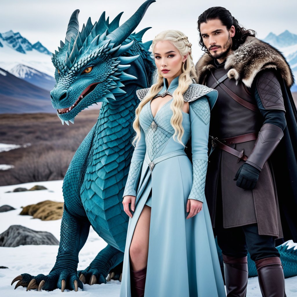 Best quality, 32k, full body, create a photo realistic image of the most beautiful woman, Daenerys Targaryen in her dragon queen outfit and Jon Snow. Patagonia model looking at camera. Outdoors in winter