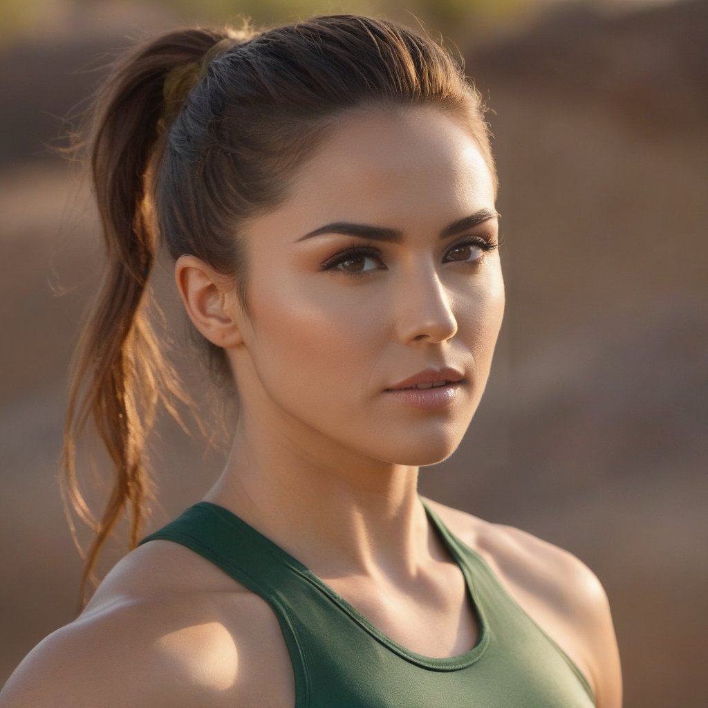 (masterpiece), (hyper realistic), Portrait, head and shoulders view, close up, 30 years old warrior woman, with strong muscles, sparkeling green eyes, slim sharp nose, chestnut brown hair, tied back to 1 ponytail, wears green soot smeared sleeveless top, without jewelny, looks self confident, golden light from the upper back, which emphasizes her chestnut brown hair, arid land in the blurry background.