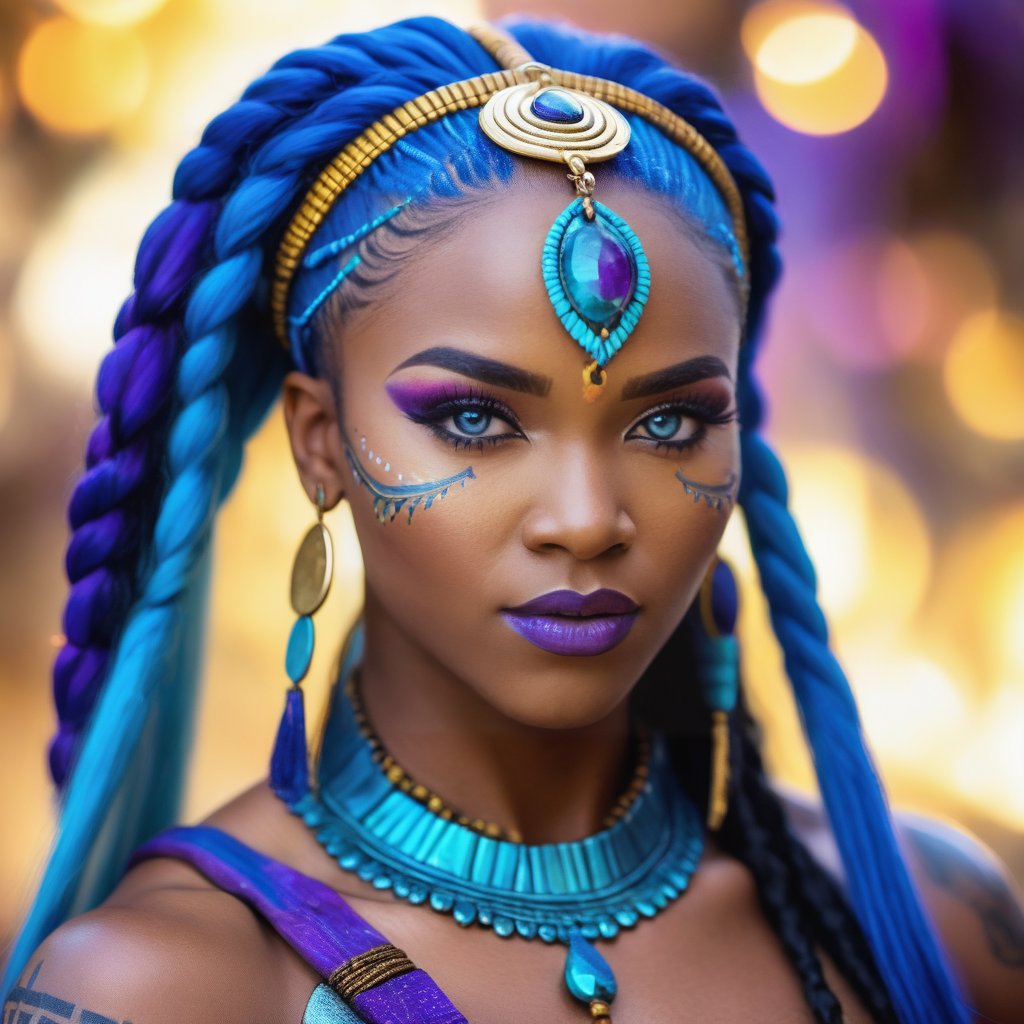 A high-resolution portrait of an African warrior woman with long blue hair, sparkeling blue eyes, that outshines every gem, closed mouth shows indicated smile, shiny purple lips, set against a neutral, blurred background with a bokeh effect in a color that complements the overall image. The woman has a fierce and determined expression with an angulated smile and closed lips, revealing no teeth. Her face features intricate markings, and she wears traditional warrior attire. The composition is vibrant and powerful, resembling a studio shot with soft, flattering lighting that highlights her strong features and intense gaze. Her hair flows naturally, and her lips glisten with a glossy finish.
