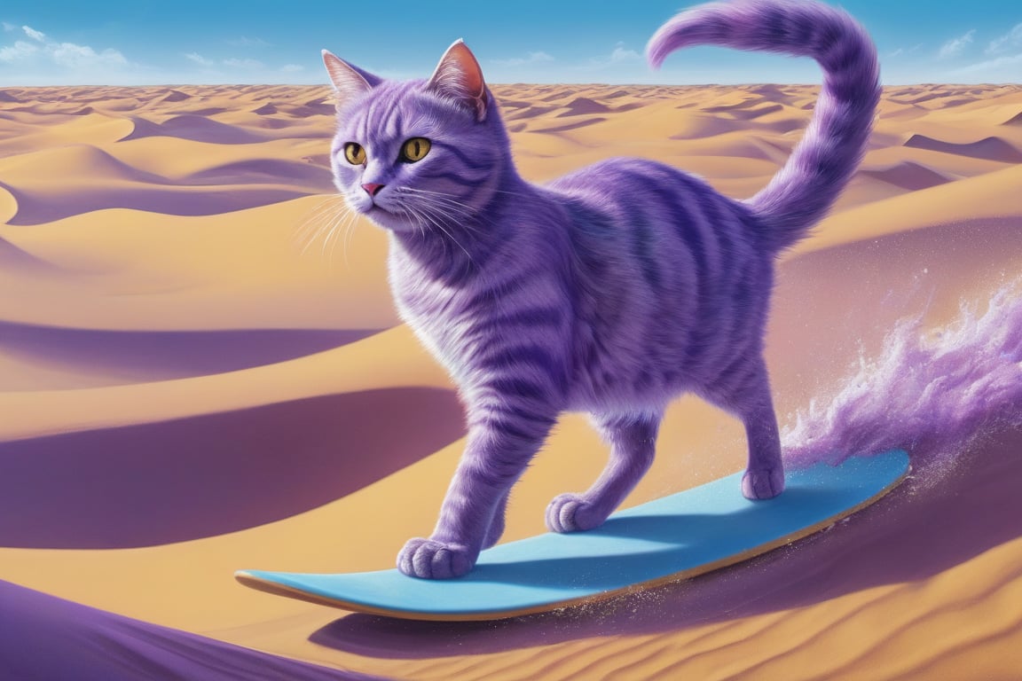 A purple cat surfing on a blue board over sand dunes in a golden desert. The sky is dominated by shades of purple and blue, creating a surreal and vibrant atmosphere. The cat has a joyful expression, with its fur slightly ruffled by the wind. The sand dunes have smooth, flowing curves, and the overall scene is a blend of fantastical elements and vibrant colors.
