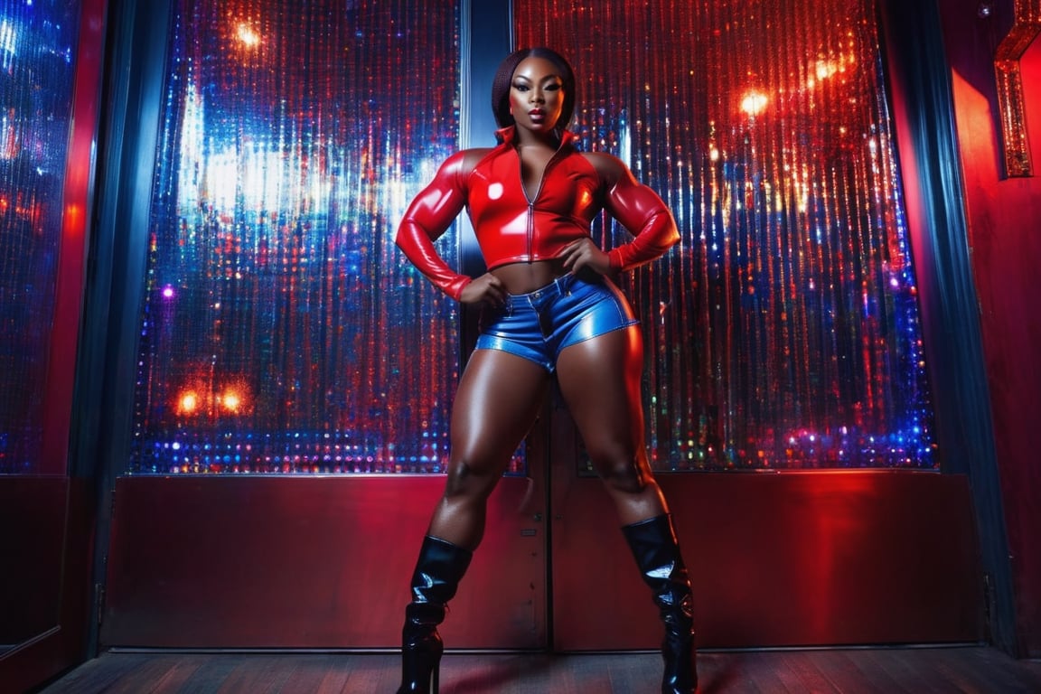 African woman with big muscles stands in front of the closed door of a wicked disco, blocking the way with her legs apart, looking self-confident, wearing a bright red latex top with a zipper, short blue jeans that show off her powerful leg muscles. Landscape, side street at night.