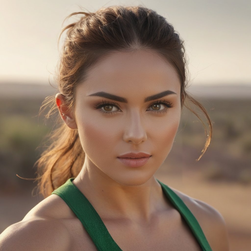 (masterpiece), (hyper realistic), Portrait, head and shoulders view, close up, 30 years old warrior woman, with strong muscles, sparkeling green eyes, slim sharp nose, chestnut brown hair, tied back to 1 ponytail, wears green soot smeared sleeveless top, without jewelny, looks self confident, golden light from the upper back, which emphasizes her chestnut brown hair, arid land in the blurry background.