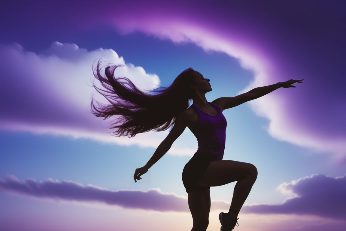Silhouette of a athletic woman, dancing with the clouds, main colors purple and blue.