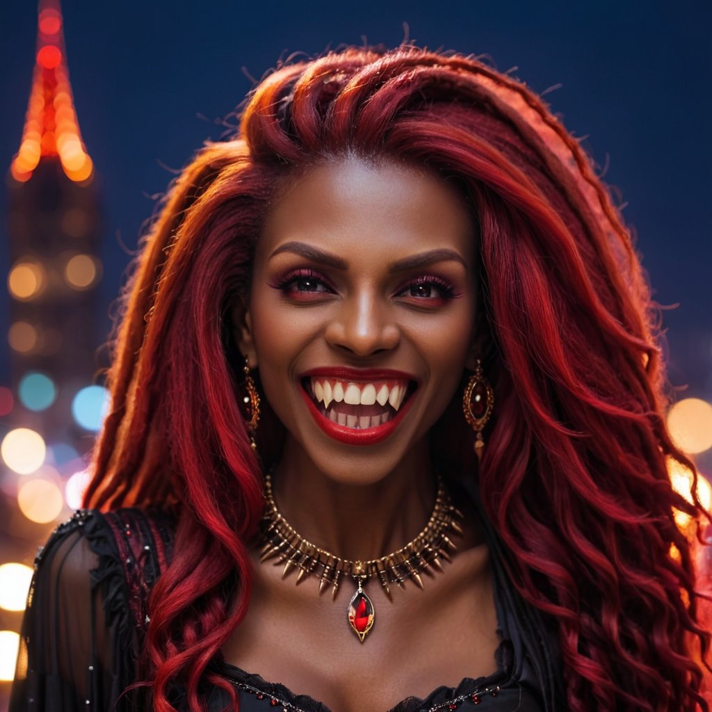 Portrait of a beautiful dark skinned vampire lady, she smiles shows her long sharp teeth, she has red long rasta hair and red eyes, the blurry background shows distant city lights in the night.,VAMPL, FANG-L 