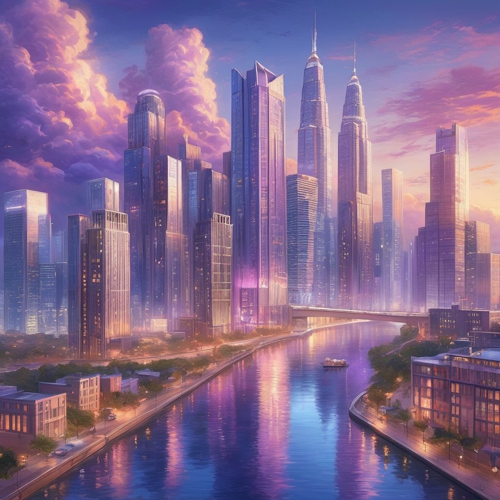 A serene Lofi-inspired scene: a modern cityscape unfolds along a winding riverbank, bathed in soft purple hues at dusk. The city's sleek skyscrapers and bustling streets are reflected in the calm water, as the sky transitions to a gentle blue, with wispy clouds scattered across. The warm light of streetlamps and building lights adds a cozy ambiance, while the city's energy remains palpable.