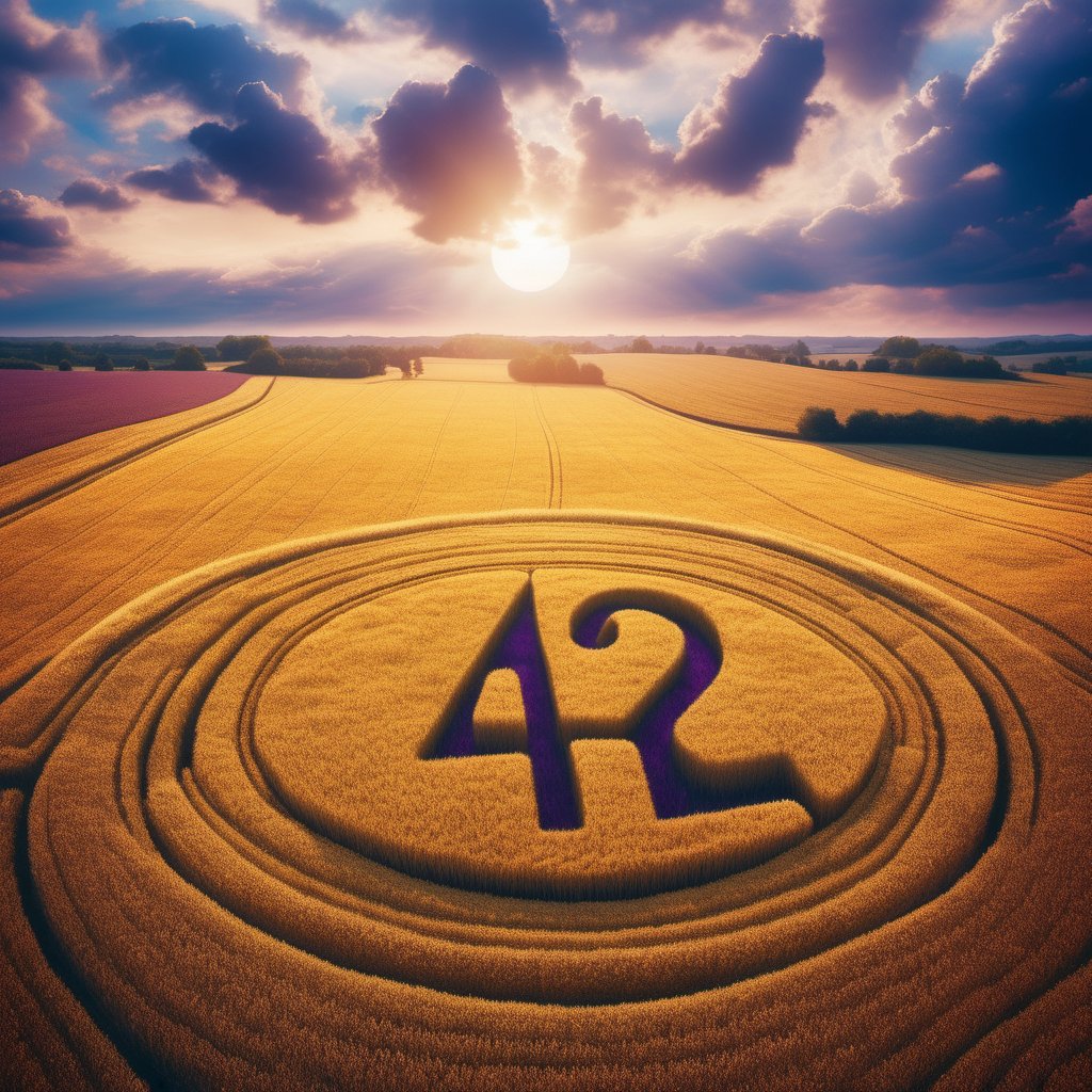 A golden field in which the number 42 has been mown. Above it a sky with purple and blue clouds. Landscape in lofi style.