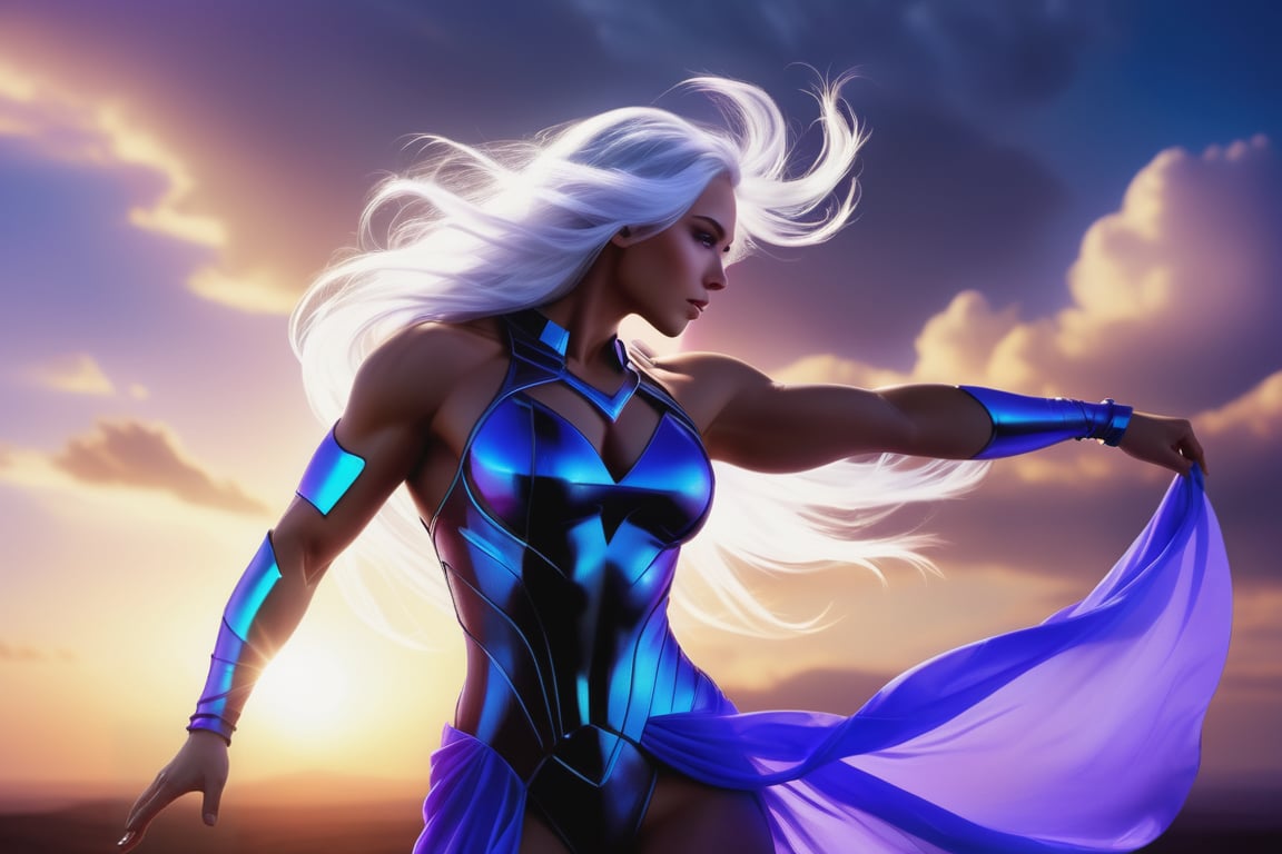 An athletic woman, silhouette in profile, her long silver hair blowing in the wind, the vast sky with its clouds glows in purple and blue, every single one of her fingers is depicted in detail and naturally, she wears a sleveless tight monochrome-blue futuristic dress, wihich emphasizes her muscular body, her skin is soft and shines golden, the scenery conveys a mood of light-heartedness and freedom, photorealistic, lens flare