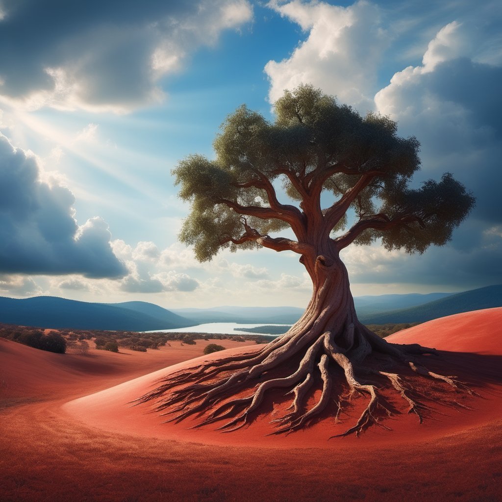 A lonely oak and red sanded landscape under a deep blue sky with white clouds.