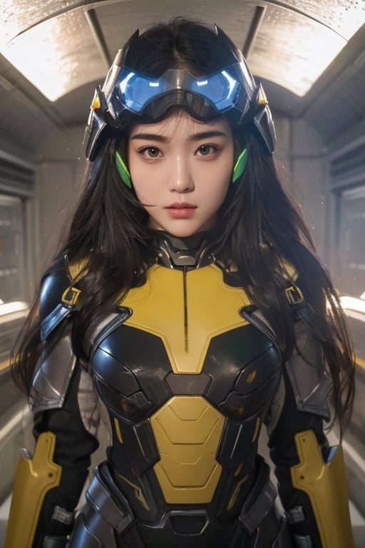 1girl, nanosuit armor from kamen raider, full huge armor, complete armor suit, armor helmet suit, Sun Yellow nano-tech suit, matte suit, Sun Yellow kamen raider suit, arsenal weapon room background, sole_male, 4k, hi-res, hdr, long hair, black hair, 25-year-old young girl, no weapon, watching viewers, cute expressions, detailed yellow eyes, no wrinkles on armor, fighting stance, muscular body, open face, nano-tech helmet open, chrome visor helmet, kamen raider nano-tech suit, kamen raider full armor suit, beutiful face, beutiful eyes