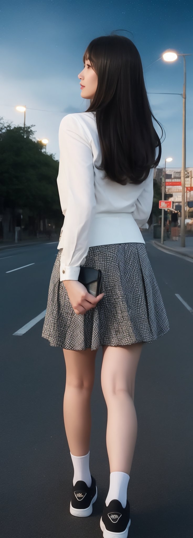 (fulldetail), (4k), 8k, long hair, multiple girls, skirt, shirt, black hair, hair ornament, long sleeves, dress, 2girls, school uniform, white shirt, pleated skirt, outdoors, sky, shoes, socks, black skirt, bag, from behind, two side up, tree, night, holding hands, backpack, building, sneakers, star \(sky\), night sky, scenery, starry sky, walking, shoulder bag, city, sign, road, lamppost, street, midjourney, perfect face, perfect body, ((perfect hands:1.3)), perfect legs