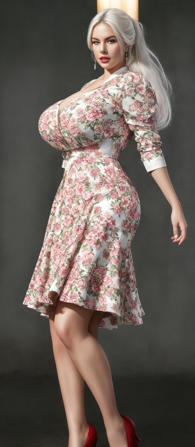 Generate hyper realistic image of a woman in a short dress with a floral print, her long sleeves adding a touch of elegance as she stands in a cowboy shot pose. Her white hair is styled in a chic ponytail, drawing attention to her striking profile and luscious lips, while dangling earrings catch the light.