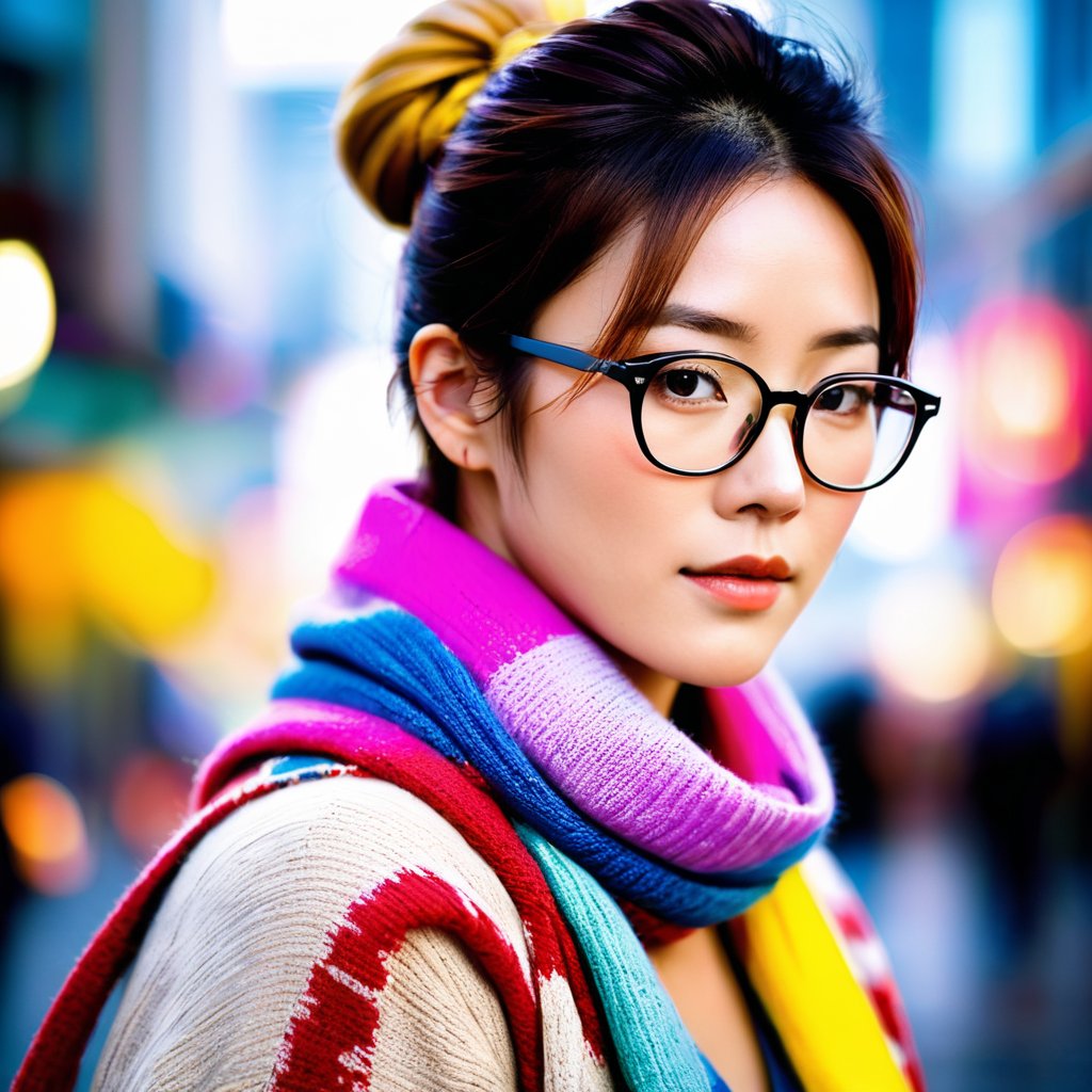 Portrait of Yuko, an (muscular: 1.4) Asian woman with blond-dyed hair in a bun, wearing a cozy sweater, a colorful scarf around her neck, and stylish glasses. The portrait captures her from the shoulders up, showcasing her civilian identity. Her expression is soft and approachable, with a hint of a smile. The background is a neutral, blurred setting to keep the focus on her face and attire. The image should be detailed and realistic, emphasizing her unique features and stylish look.
