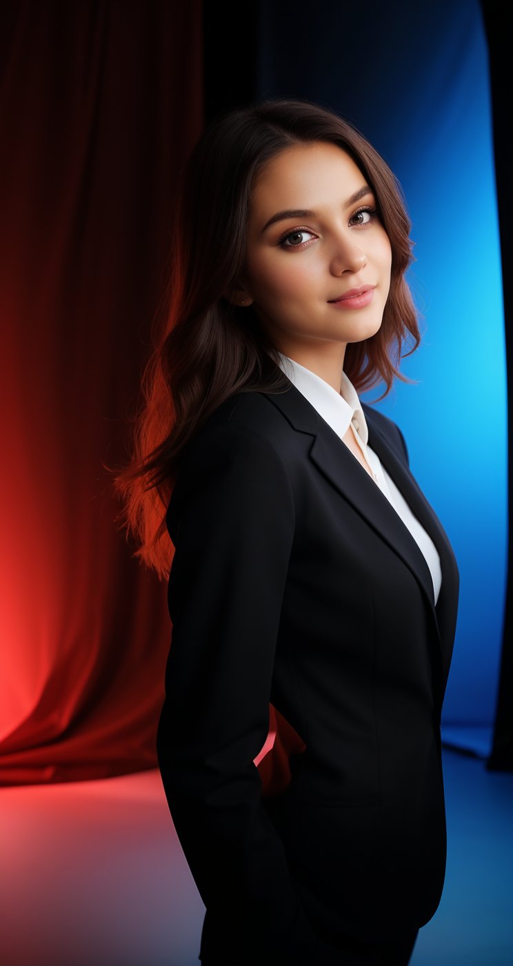 a beautiful girl wearing a black suit and giving a good pose and lighting background in studio and an ai inlfuencer and a colorful hair and pretty face and eyes pretty differnet pose