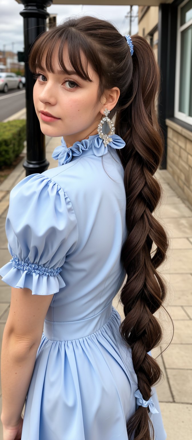 1girl, solo, long hair, looking at viewer, blush, blue eyes, brown hair, hair ornament, dress, bow, jewelry, closed mouth, purple eyes, upper body, ponytail, braid, flower, earrings, outdoors, frills, sky, choker, puffy sleeves, artist name, bowtie, parted bangs, window, black bow, night, watermark, brooch, gem, lamppost