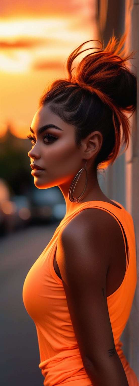 Solo, A woman with a messy bun hairstyle and brown skin tone. Her eyelashes are enhanced with extensions and her eyebrows have a unique feather style. Her nails are long and painted a bright orange. She wears a sleeveless top in a soft orange tone and leggings in a dark orange shade. This woman is at sunset, under soft golden lighting that highlights the orange hues, and the image is shown in black and white with touches of color in the various shades of orange.,add_detail:0,7
