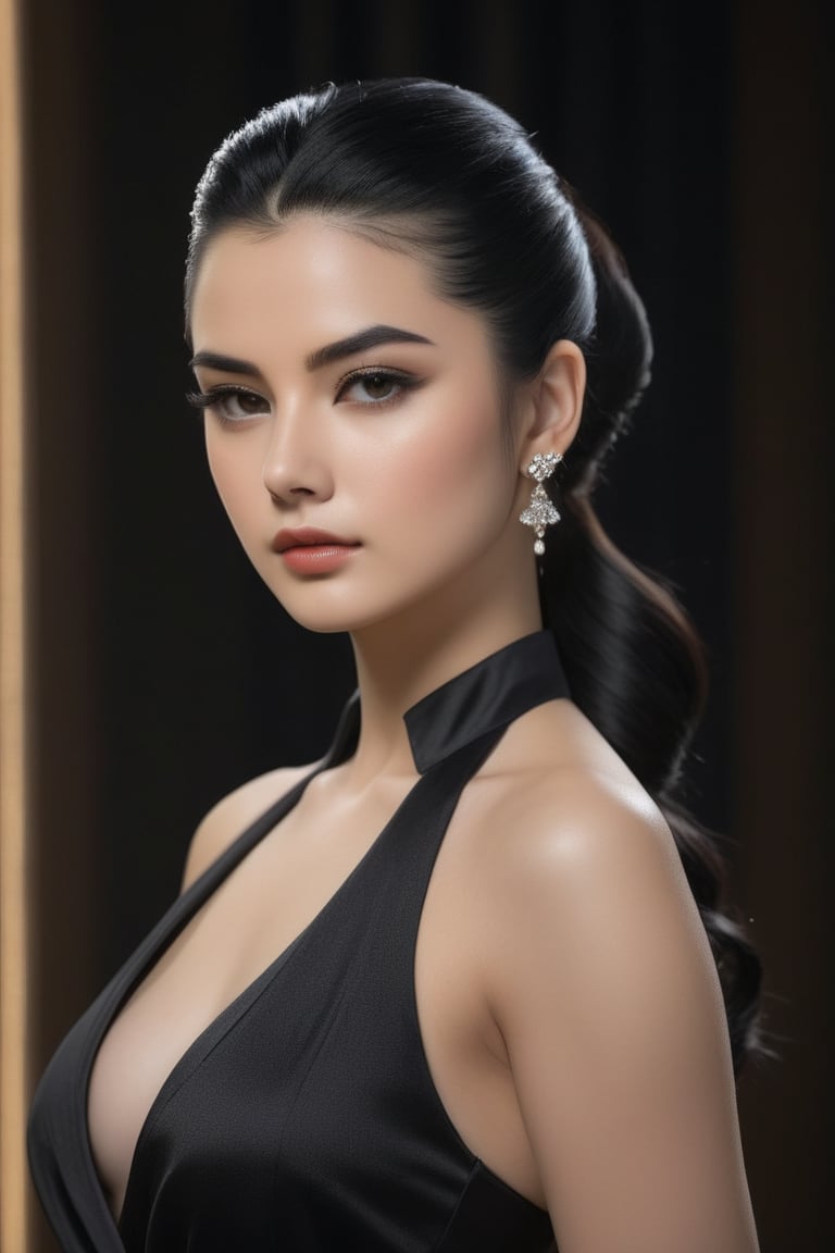 1girl, beautiful woman, elegant pose, ponytail hairstyle, flowing black hair, piercing black eyes, full lips, closed mouth, serene expression, clothes, upper body portrait, direct gaze at viewer, soft lighting, high-quality detailed render, photorealistic style