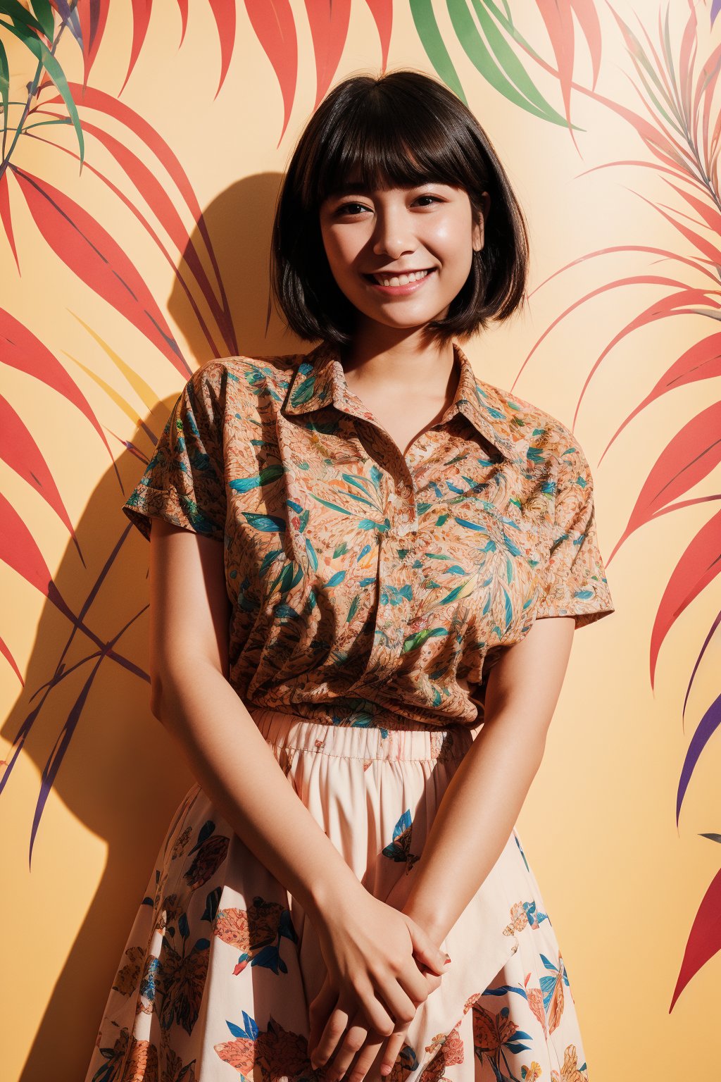 a flat lineart of a young beautiful woman leaning against colorful wall printed botanial patterns at pop-style Private Rooms,kind smile,bangs,messy short-bob,detailed realistic dark clothes,soft tone,only in four colors,a ncg,Illustration