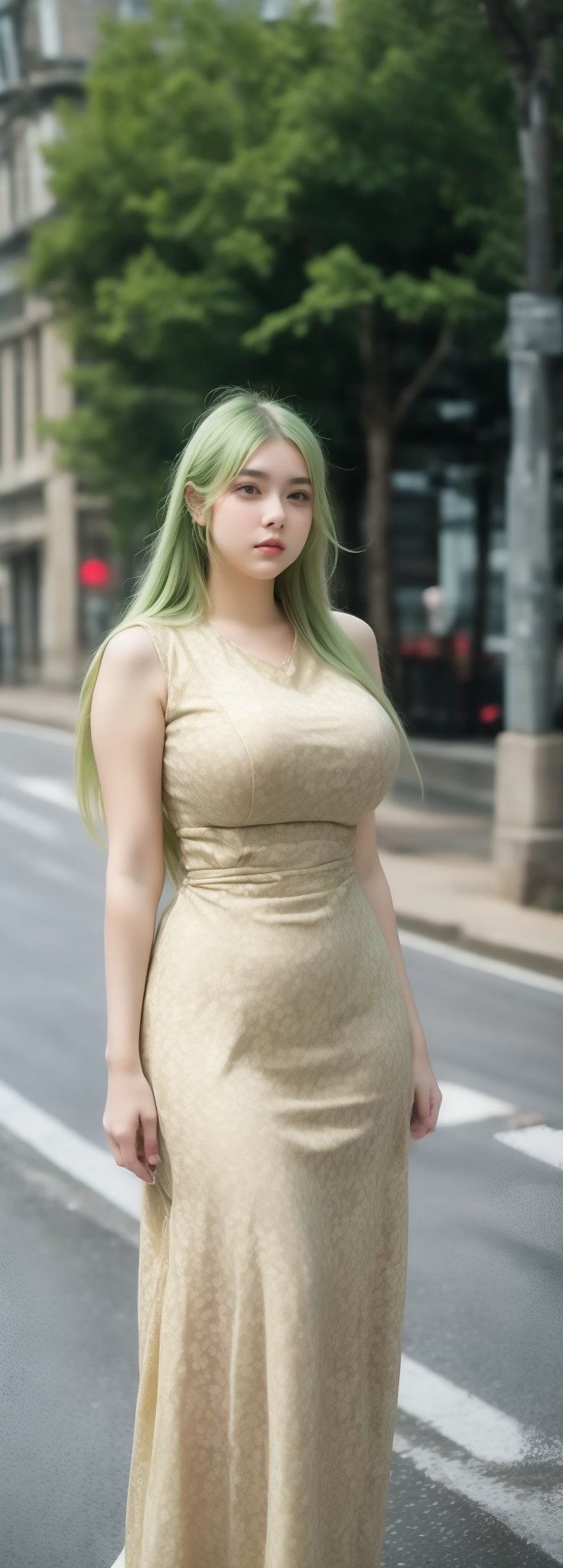 lovely  cute  young  attractive  Europe teenage  girl  in  a  pretty foreign dress,  23  years  old  ,  cute  ,  an  Instagram  model  ,  long  yellow-green_hair  ,  winter  ,  on the road  .  , „ Europe 