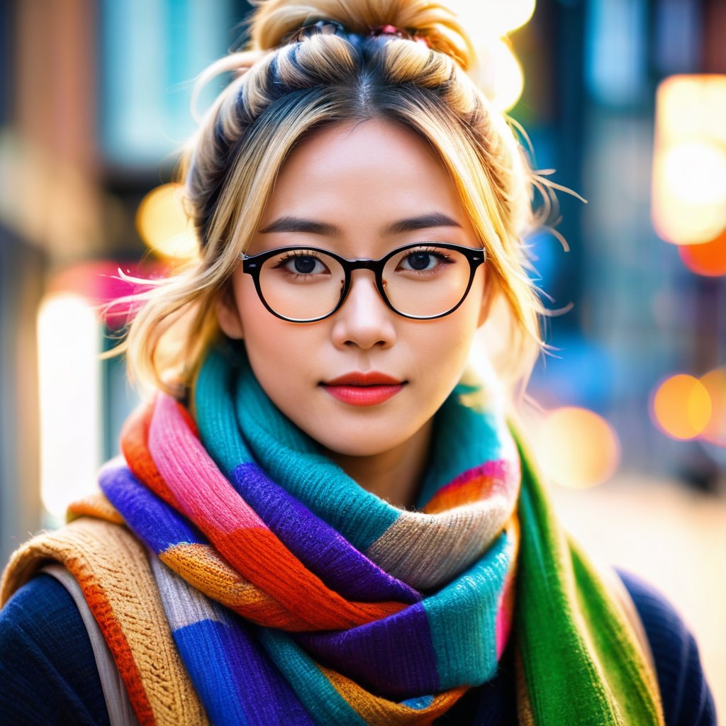 Portrait of Yuko, an (muscular: 1.4) Asian woman with blond-dyed hair in a bun, wearing a cozy sweater, a colorful scarf around her neck, and stylish glasses. The portrait captures her from the shoulders up, showcasing her civilian identity. Her expression is soft and approachable, with a hint of a smile. The background is a neutral, blurred setting to keep the focus on her face and attire. The image should be detailed and realistic, emphasizing her unique features and stylish look.
