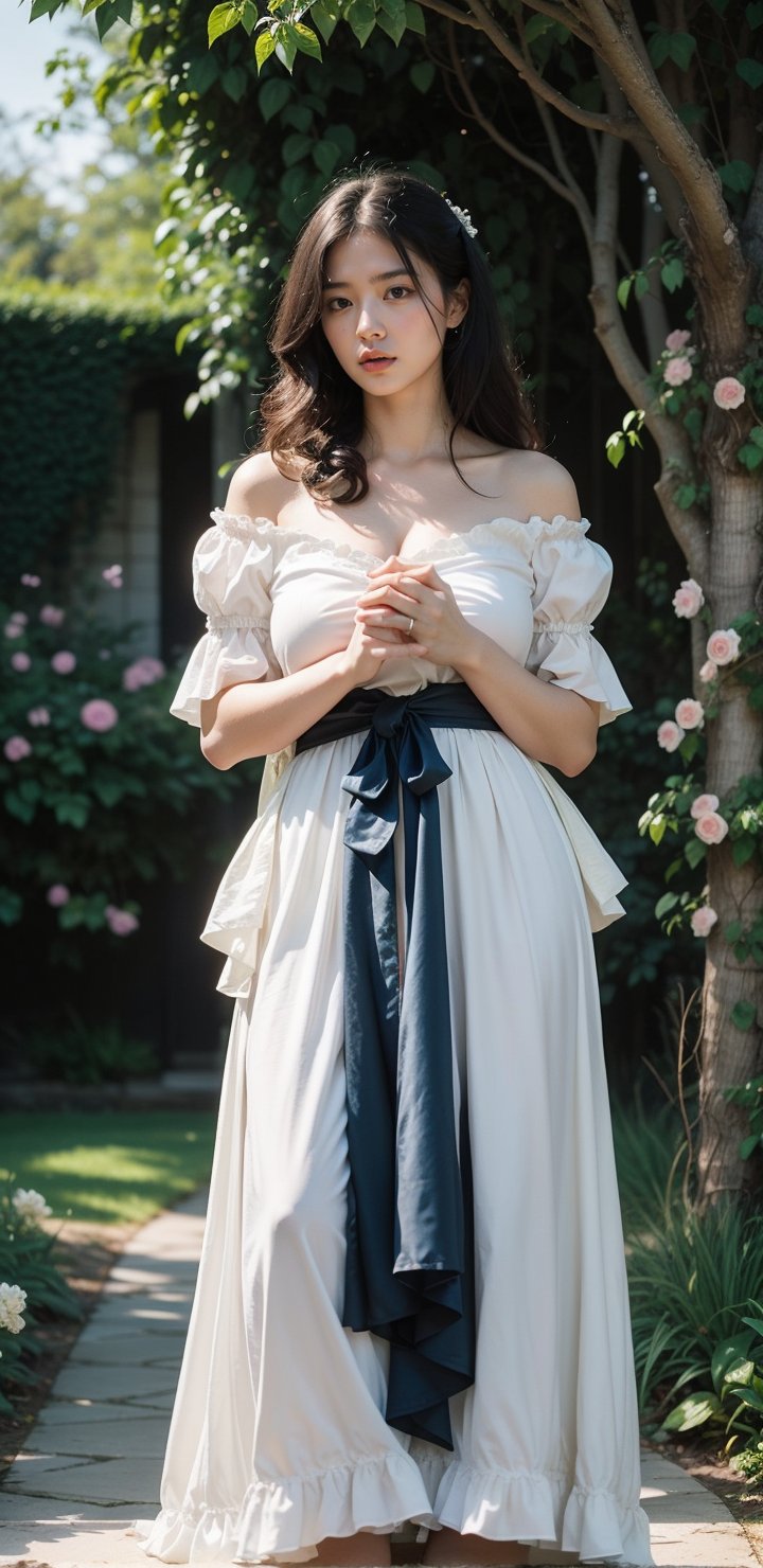 In the heart of an enchanted garden, a woman with cascading curls of midnight black tends to the flowers with gentle care. Her skin is as pale as the petals she lovingly tends, and she wears a simple dress of azure blue, tied with a sash of silver that glimmers in the sunlight.