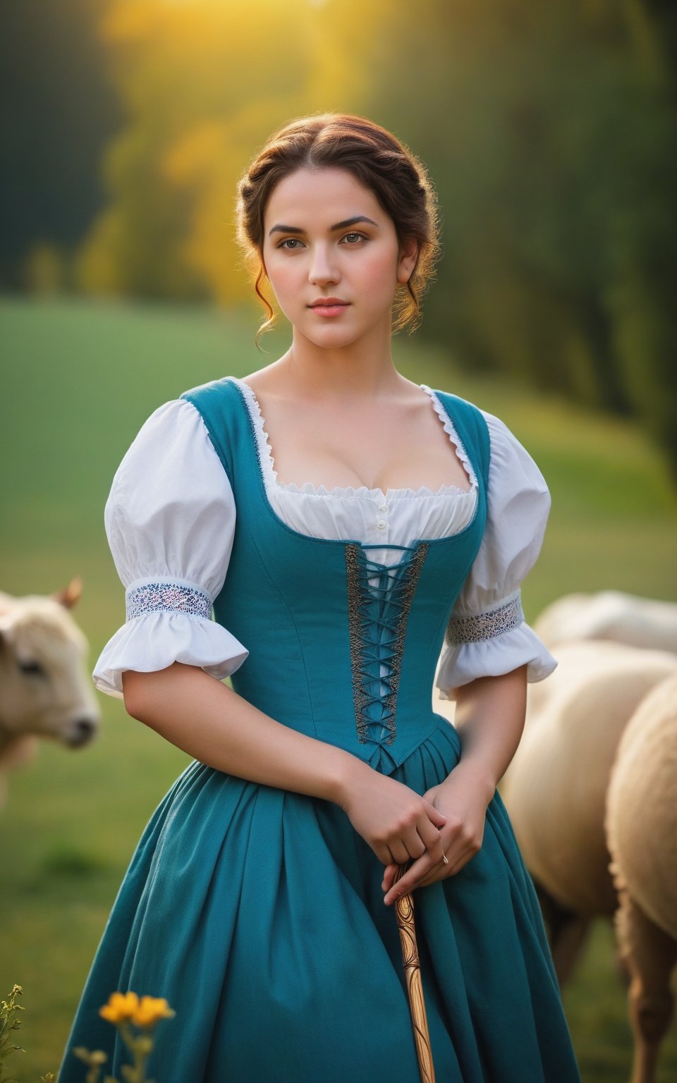 A shepherdess, in the style of the Renaissance, exuding elegance amidst pastoral beauty. (masterpiece, top quality, best quality, official art, beautiful and aesthetic:1.2), (1girl:1.4), portrait, extreme detailed, highest detailed, simple background, 16k, high resolution, perfect dynamic composition, bokeh, (sharp focus:1.2), super wide angle, high angle, high color contrast, medium shot, depth of field, blurry background,impressionist painting