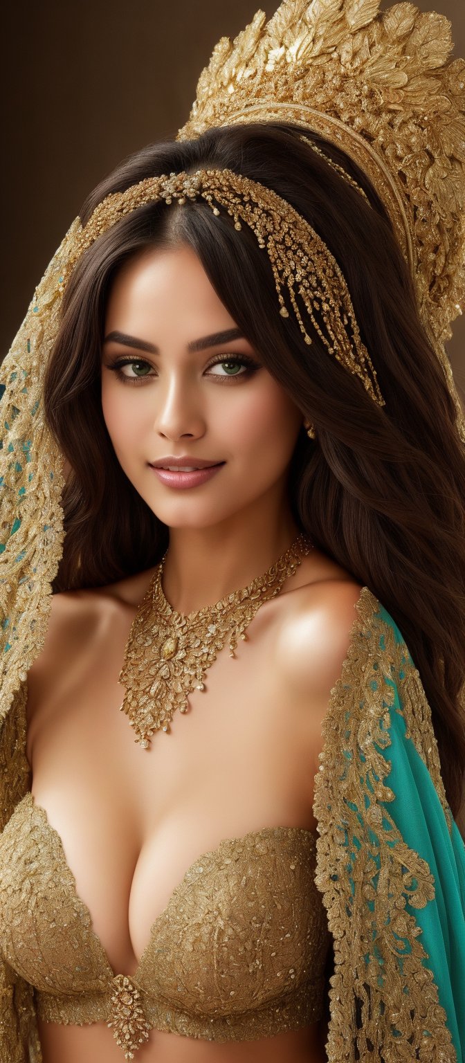 Generate hyper realistic image of a woman with long, dark brown or black, flowing freely with soft waves. The hair is adorned with a golden headpiece featuring turquoise jewels. She has large, expressive, and strikingly green with hints of gold. The eyes are framed by dark, thick lashes and perfectly arched brows. Her lips are full and naturally pink, slightly parted while smilling. She wears a white and green garment with intricate gold embroidery. The fabric is rich and luxurious. The neckline plunges modestly, adorned with a series of golden necklaces featuring turquoise stones. She wears a golden chain with turquoise jewels that rests on her forehead, connecting to a white, gold-trimmed veil that drapes over her head and shoulders. The background is blurred and abstract, with warm, golden tones.