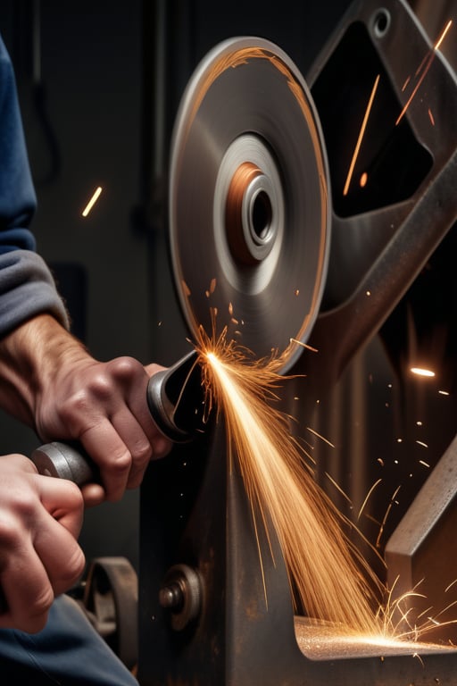 UpHD, 4K, realistic photo of a person hand grinding grinding iron with a lowlight model photo, lots of sparks from the iron. wear work clothes with the words (QUARTO) on them, Light master,Detailedface,lightshapes