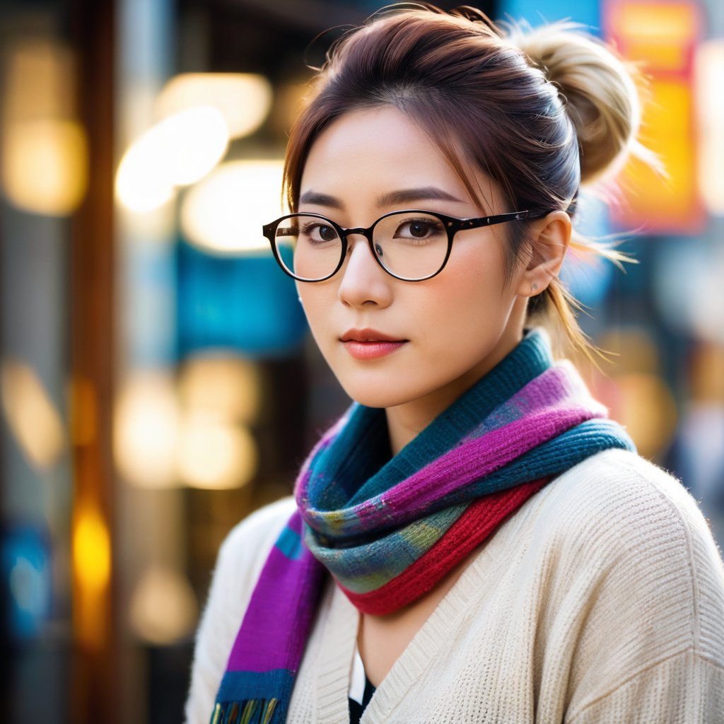 Portrait of Yuko, an (muscular: 1.4) Asian woman with blond-dyed hair in a bun, wearing a cozy sweater, a colorful scarf around her neck, and stylish glasses. The portrait captures her from the shoulders up, showcasing her civilian identity. Her expression is soft and approachable, with a hint of a smile. The background is a neutral, blurred setting to keep the focus on her face and attire. The image should be detailed and realistic, emphasizing her unique features and stylish look.
