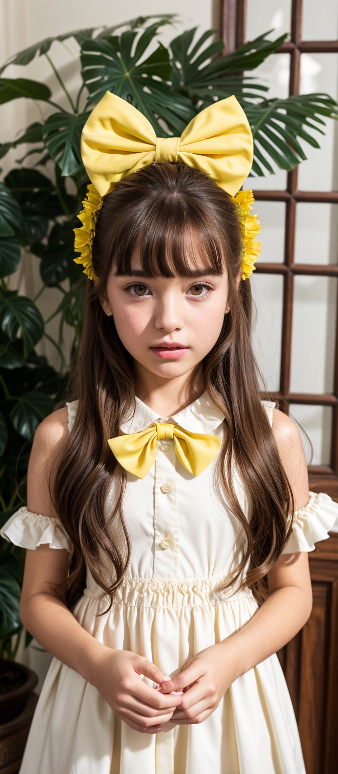 1girl, solo, long hair, looking at viewer, bangs, brown hair, shirt, hair ornament, dress, bow, holding, brown eyes, upper body, flower, frills, parted lips, indoors, bowtie, lips, book, plant, white flower, yellow bow