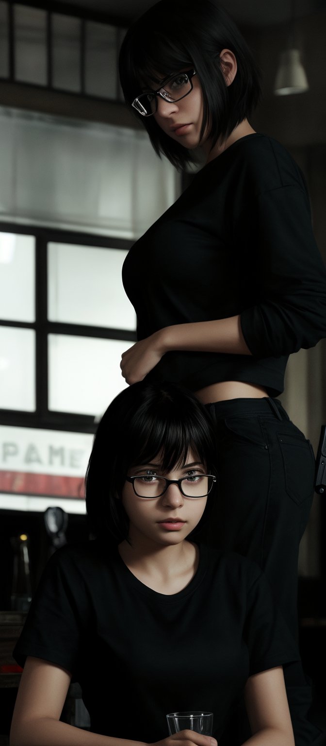 1girl, solo, looking at viewer, short hair, shirt, black hair, holding, sitting, short sleeves, glasses, indoors, black eyes, cup, lips, gun, black shirt, table, drinking glass, realistic