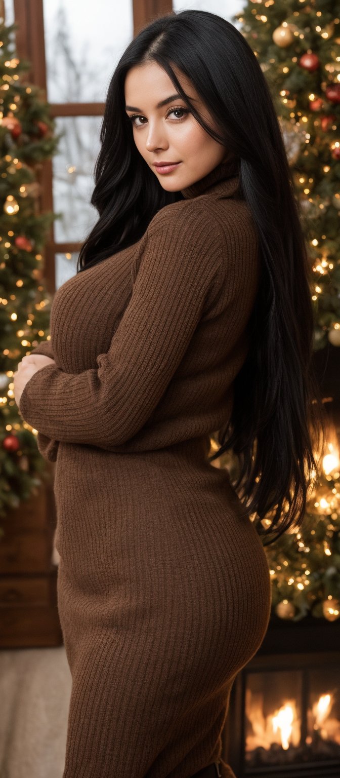 Generate hyper realistic image of a woman with long, straight, black hair that flows smoothly down. She is dressed in a stylish autumn ensemble. She wears a fitted, ribbed, red turtleneck sweater that accentuates her curves, a high-waisted, brown plaid skirt with a slim belt at the waist and thigh-high stockings. She stands gracefully with a slight tilt of her head. Her hands are relaxed by her sides, and she looks directly at the viewer with large, expressive eyes. The background is a cozy indoor setting during the autnum season with a warm fireplace.